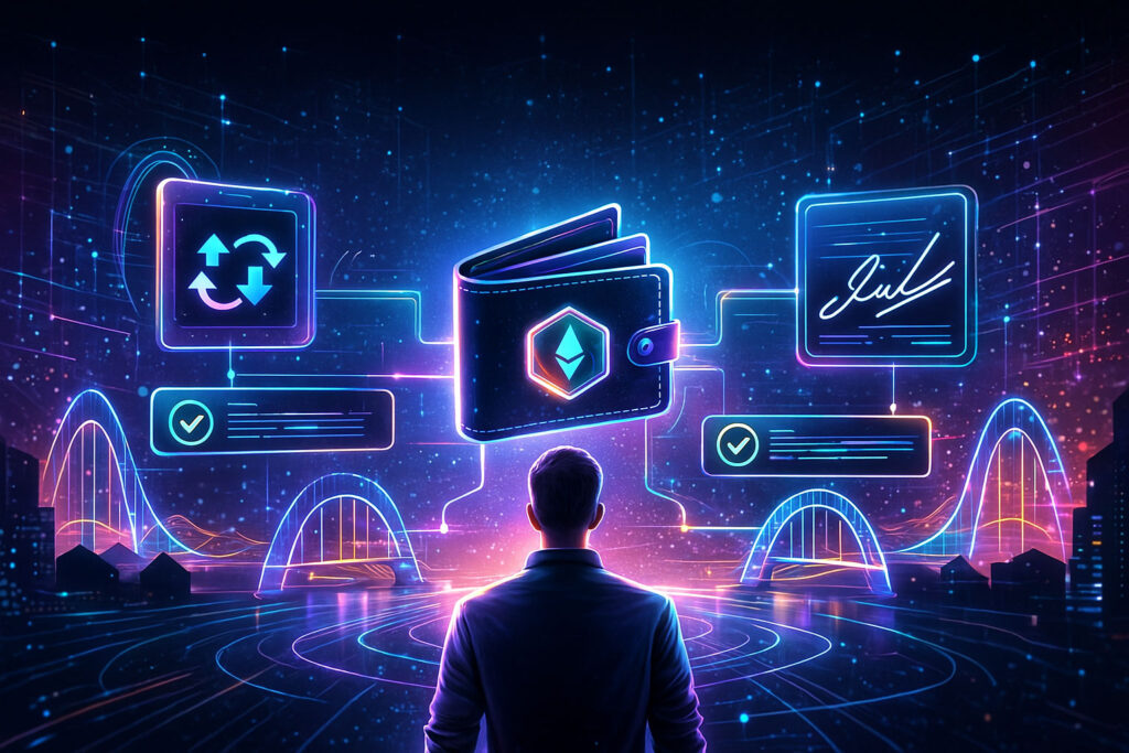 Abstract illustration of a user managing decentralised exchange approvals, signatures and bridges from a crypto wallet
