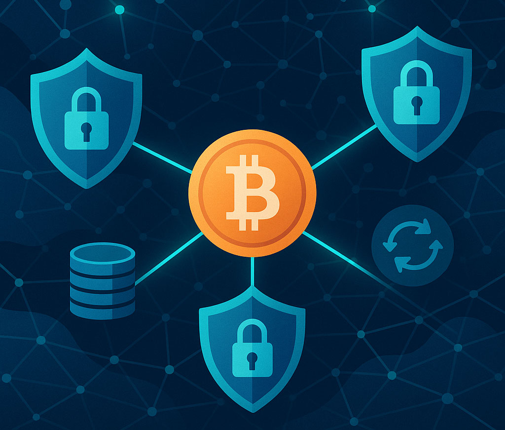 Abstract illustration of secure cryptocurrency exchange infrastructure with shields and network connections