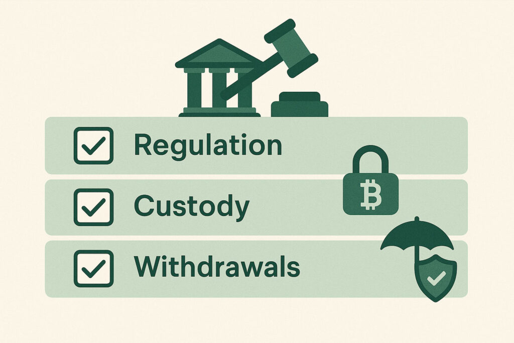 Checklist graphic showing multiple layers of exchange security like regulation, custody, withdrawals, and insurance