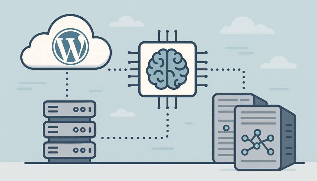 Conceptual diagram of hybrid AI infrastructure with WordPress and model servers