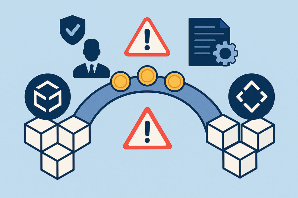 Diagram of a token bridge between two blockchains highlighting validator and smart contract risk