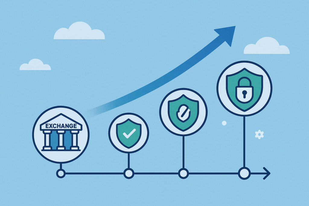 Timeline style illustration showing an exchange improving its security controls over time
