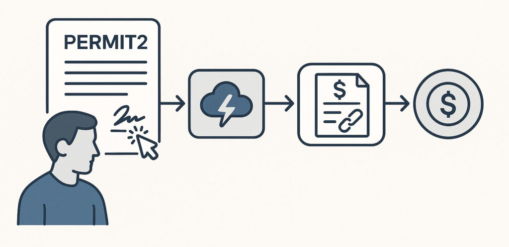 Workflow diagram showing user signing a Permit2 message which is relayed to a smart contract for token spending
