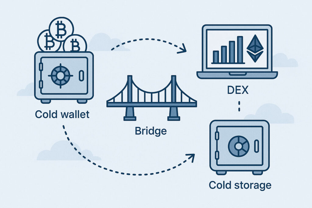 Workflow showing moving funds from a cold wallet through a bridge to a DEX and back to cold storage