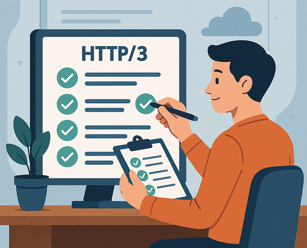 Checklist illustration for enabling and verifying HTTP/3 on a website