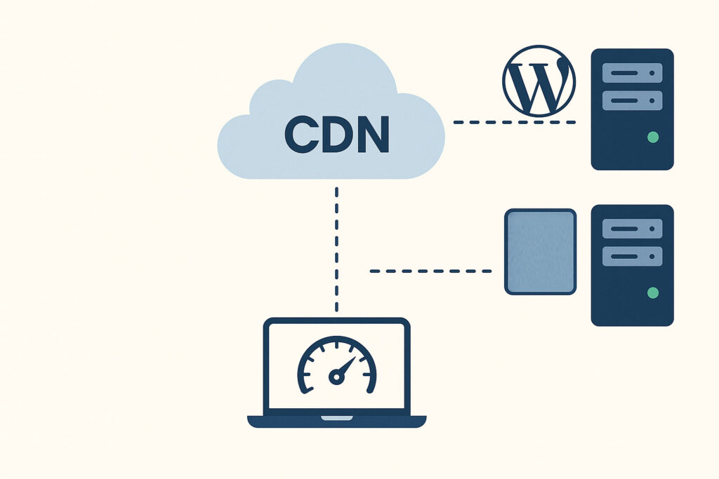 Conceptual diagram of HTTP/3, CDN and origin servers in a WordPress hosting stack