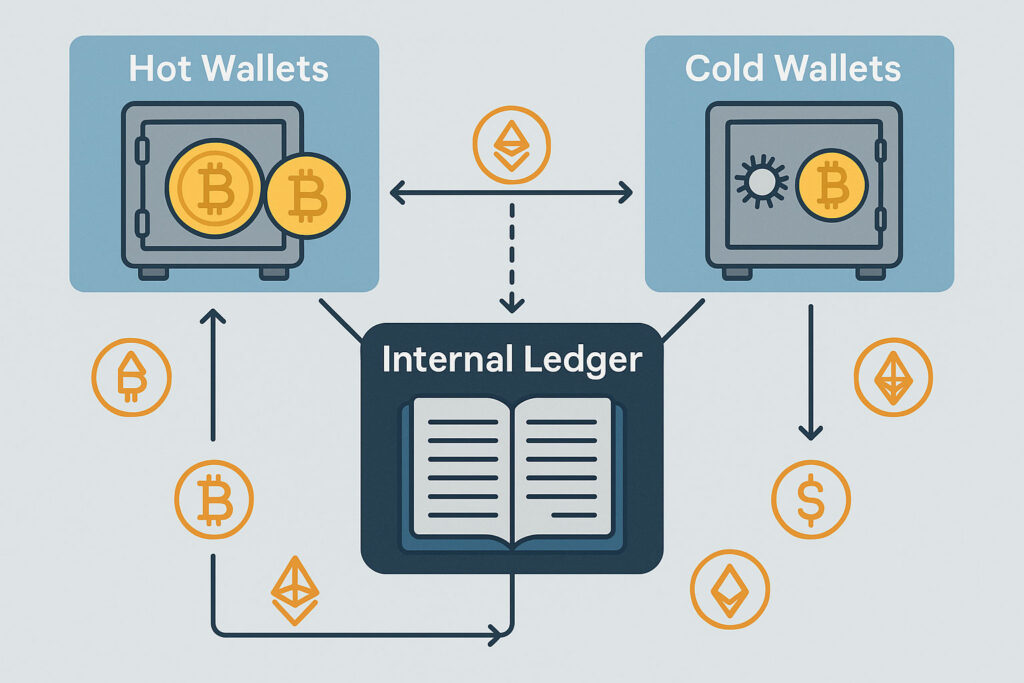 Diagram of crypto exchange hot and cold wallets plus internal ledger