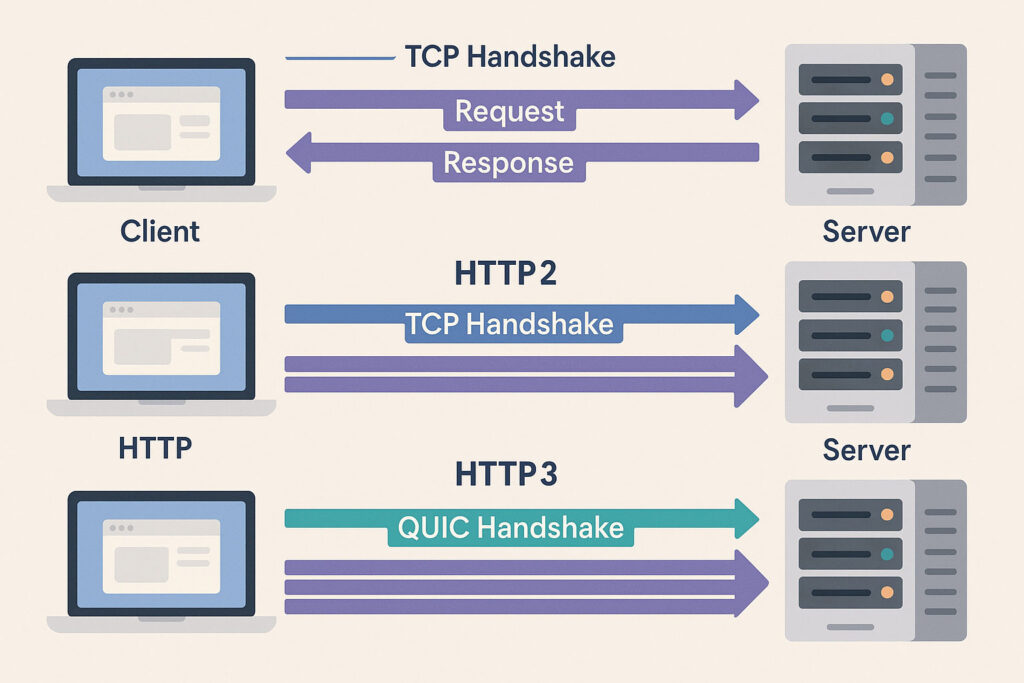 Illustrated comparison between HTTP/1.1, HTTP/2 and HTTP/3 connection flows