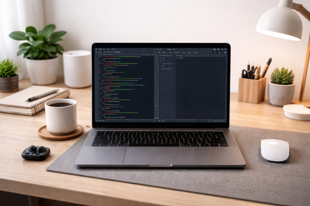 A tidy development desk with a laptop, terminal window open, and a minimal editor layout