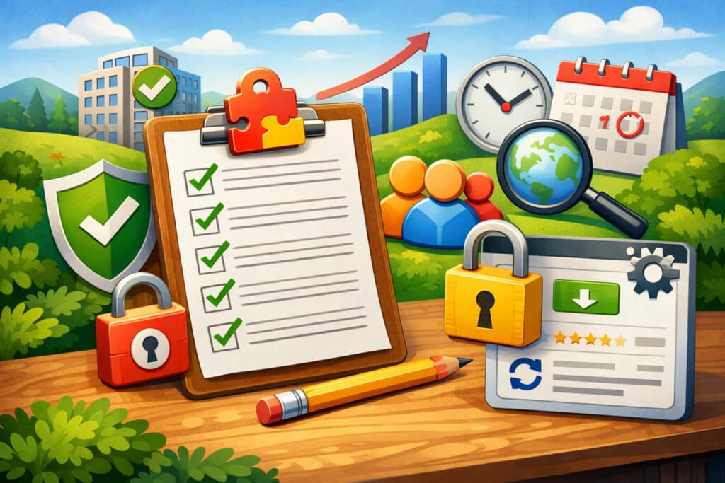 graphic showing code editor extension safety checklist: publisher trust, permissions, install base, update history, and scope