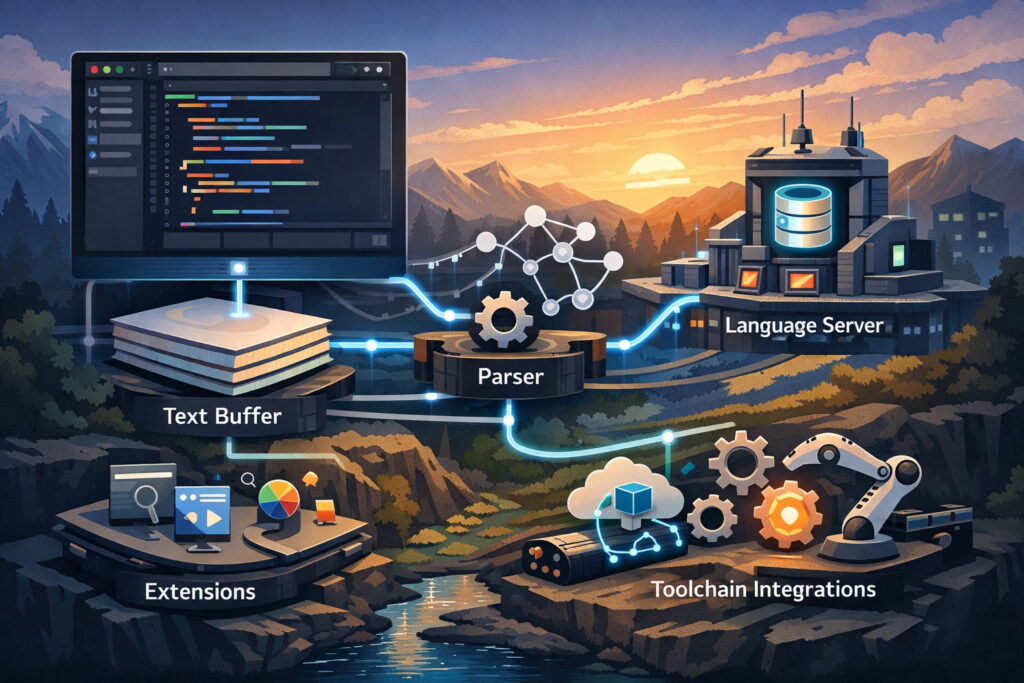 diagram of code editor architecture: UI, text buffer, parser, language server, extensions, and toolchain integrations